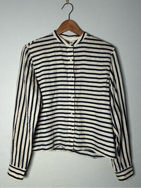 rag & bone Linen Navy and Cream Striped Band-Collar Button Down Leeds style